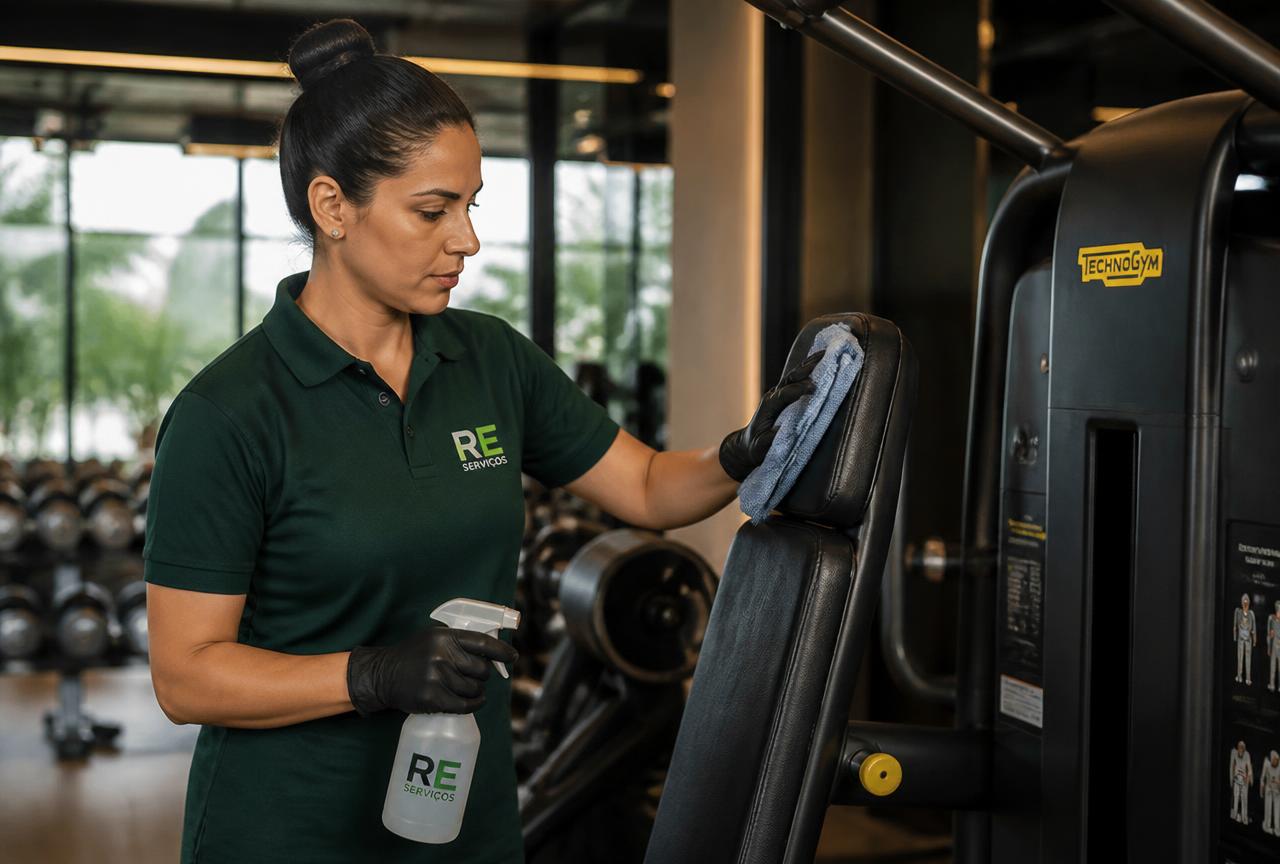 Colaboradora da R&E Serviços higienizando equipamento de musculação