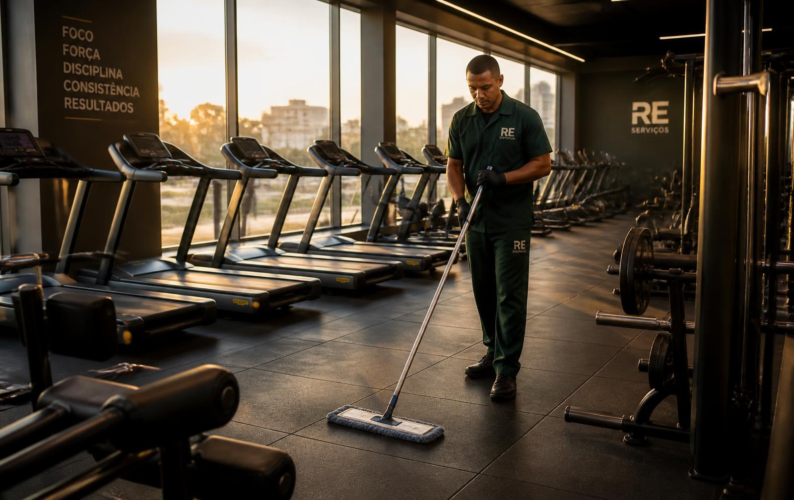 Profissional da R&E Serviços atuando em limpeza e higienização para academias