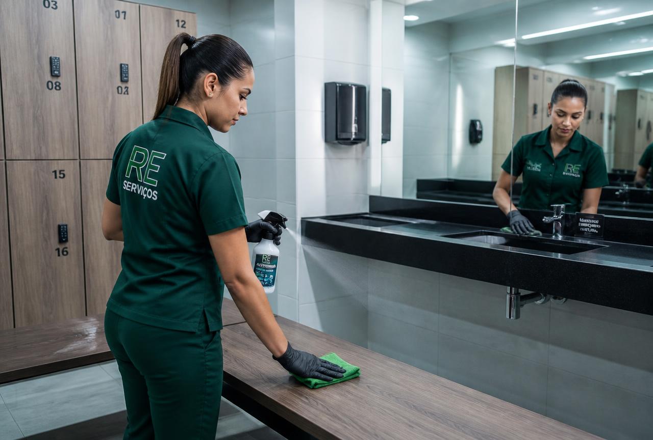 Colaboradora da R&E Serviços higienizando bancada de vestiário de academia
