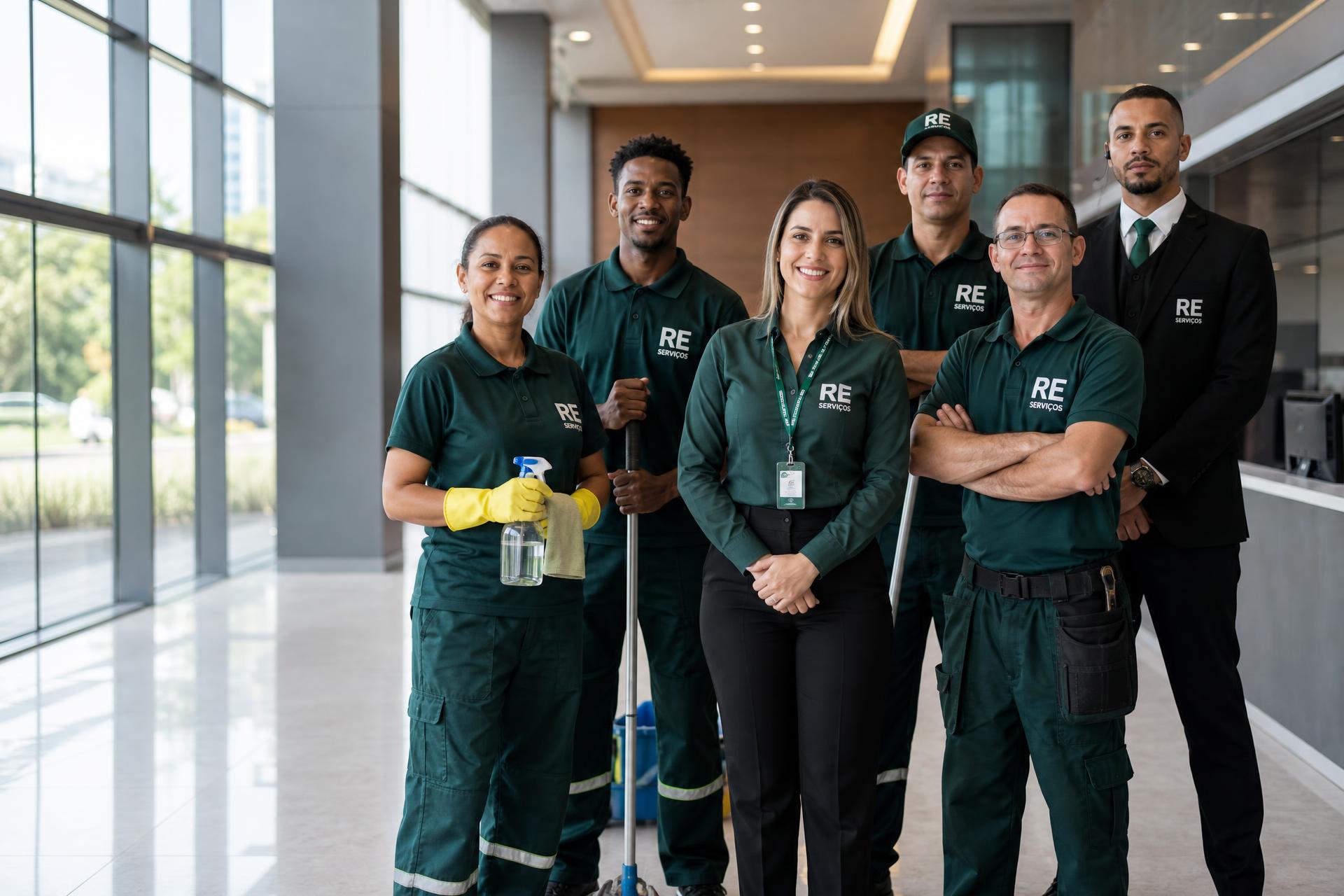 Equipe uniformizada da R&E Serviços em hall corporativo