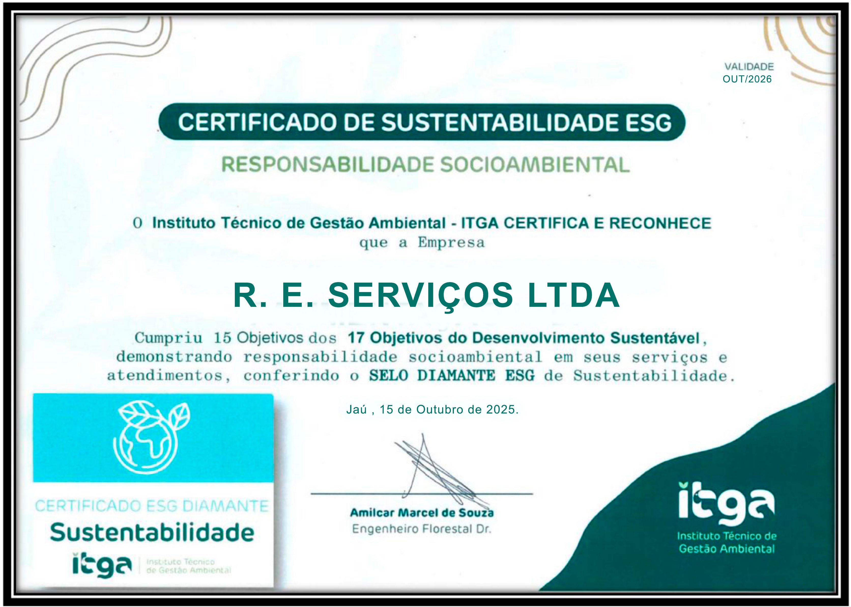 Certificado de Sustentabilidade ESG Selo Diamante emitido pelo ITGA para R. E. Serviços Ltda