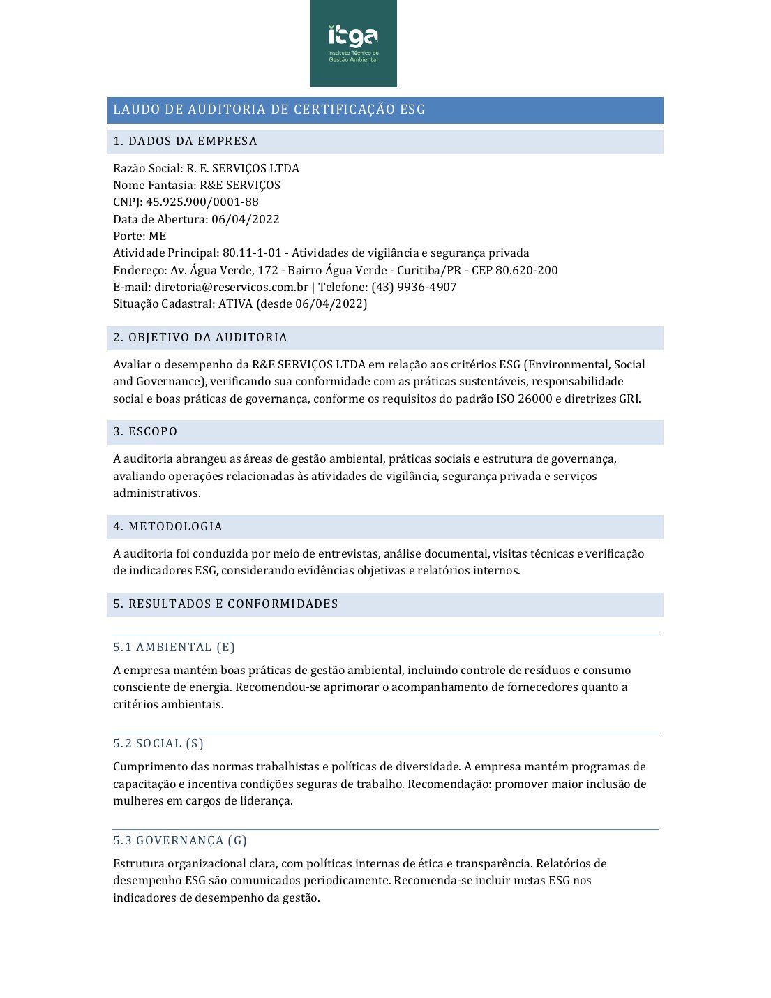 Laudo de Auditoria de Certificação ESG — página 1